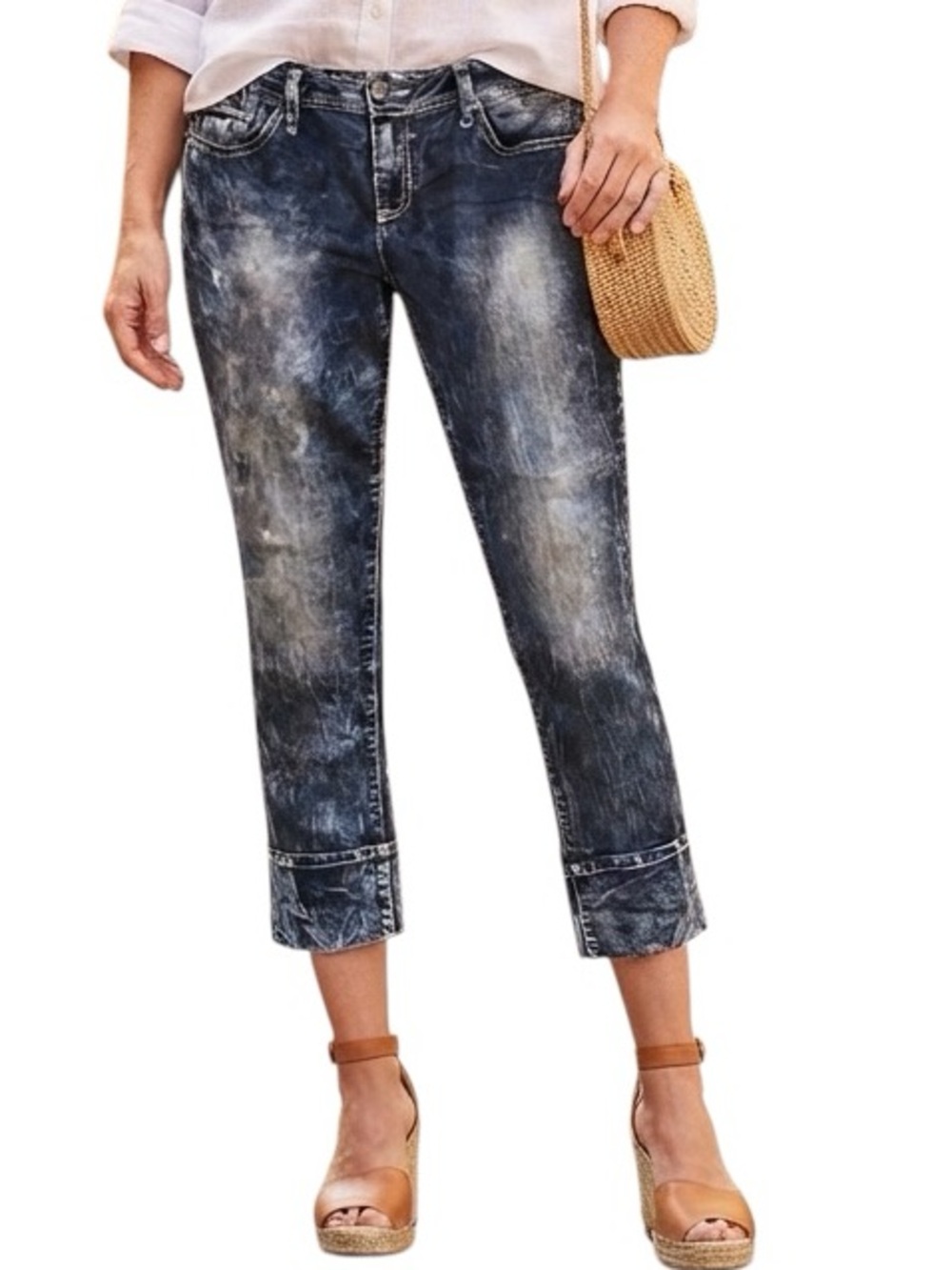 Decree Women's Jeans Cuffed Cropped Acid Wash Blue Cotton Blend Jr's Size 13